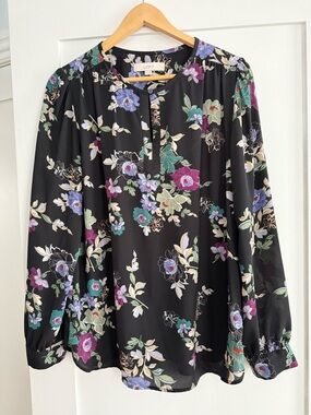 LOFT Black Floral Long-Sleeve Split-Neck Blouse